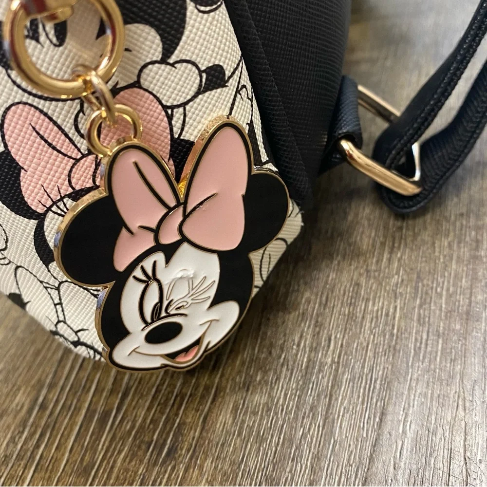 Disney Pink White and‎ Black Minnie Mouse Mini Backpack With Keychain NWOT